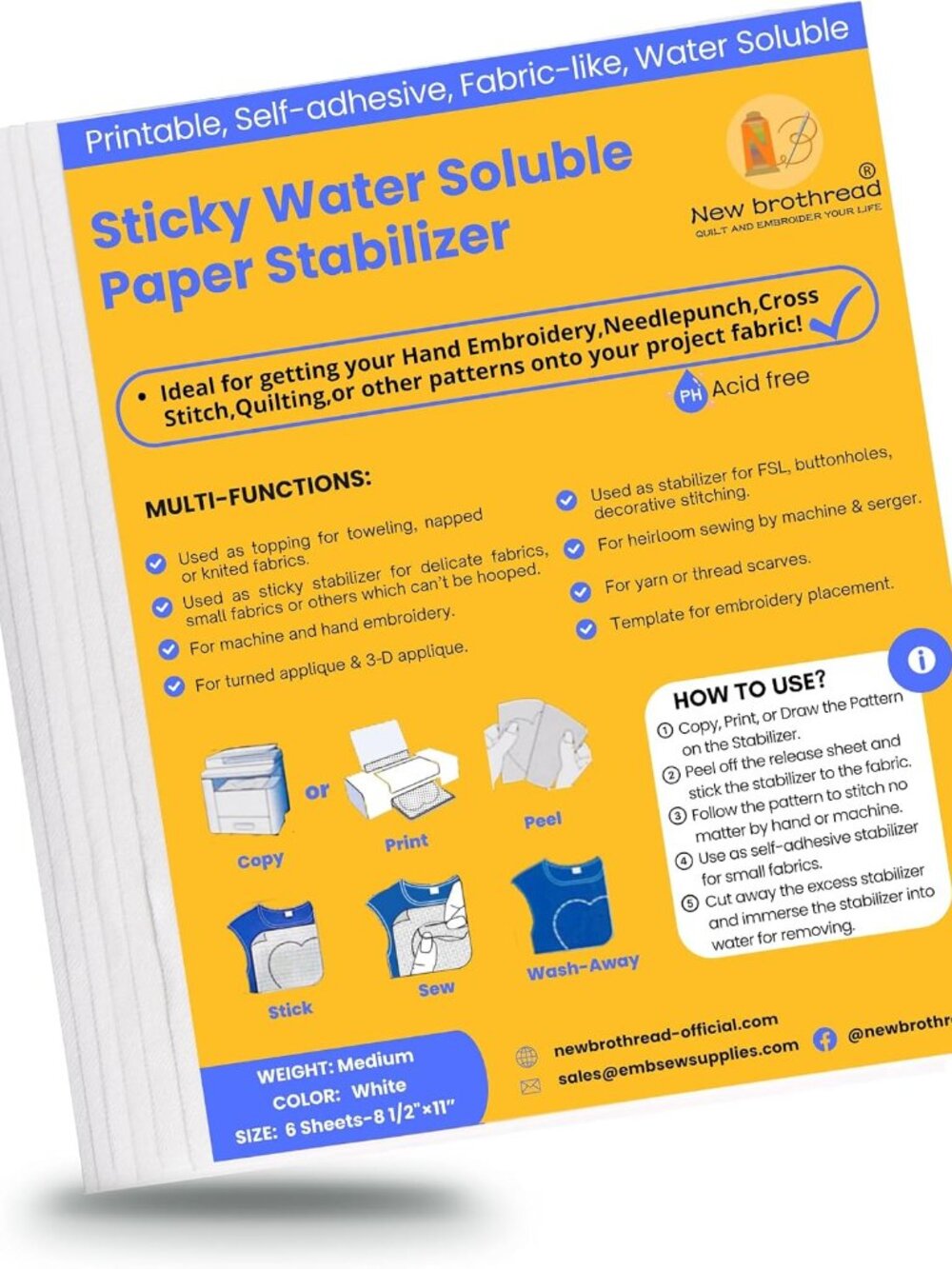 6PCS 8.5"x11" Sticky Water Soluble Embroidery Stabilizer